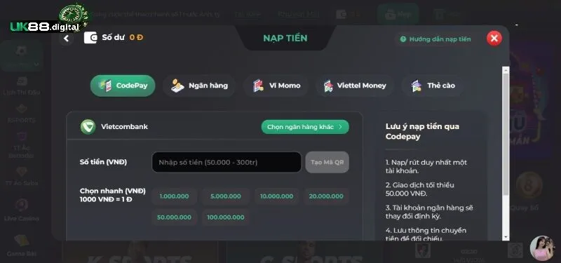 Nạp tiền UK88 phương thức đa dạng an toàn